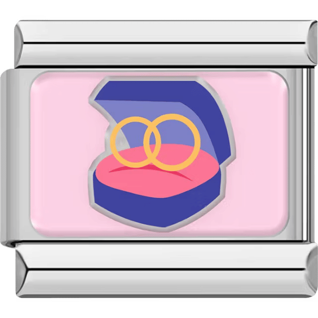 A silver Italian charm featuring two gold wedding rings inside a blue ring box.